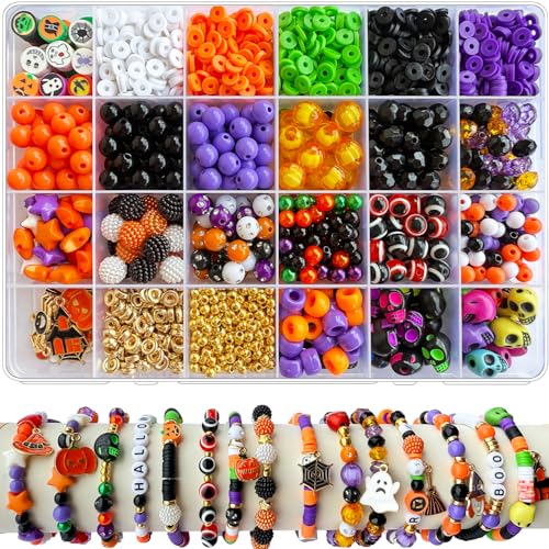 Halloween-Armband-Set, Halloween-Perlen für Armbänder, Schmuckherstellung, Orange, Schwarz, Weiß, Lila, Polymer-Ton, Perlen, Kürbis, böser Blick, Totenkopf, Perlen mit Geisterspinnen-Charms für Halloween-Armband-Set, Halloween-Perlen für Armbänder, Schmuckherstellung, Orange, Schwarz, Weiß, Lila, Polymer-Ton, Perlen, Kürbis, böser Blick, Totenkopf, Perlen mit Geisterspinnen-Charms für von JJzxwish