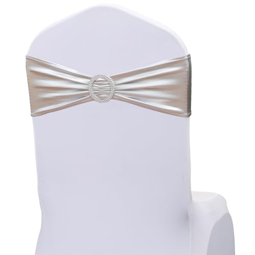 JKDMJF Stuhl-Schärpen, Stretch-Elastan, bronziert, silberfarben, 50 Stück, Universal-Stuhlbänder mit silberfarbener Schnalle, für Hochzeiten, Partys, Bankette, Brautpartys, Events, Dekorationen von JKDMJF
