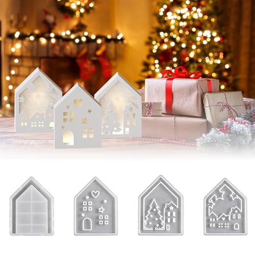 4 Stück Silikon Gießformen Häuser, Mini Hausformen mit Fenster, vielseitige Silikonformen für Seife, Kerzen & Epoxidharz, kreative DIY Bastelideen und Geschenk zu Ostern(B) von JKITNHJOT