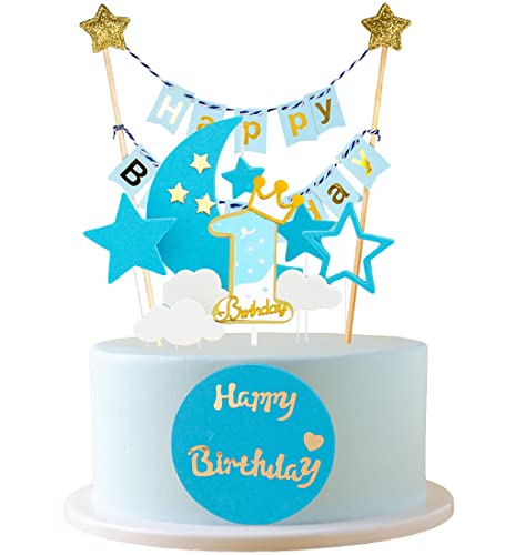 JKJF 1 Geburtstag Tortendeko Junge 1. Geburtstag Kuchen Topper Happy Birthday Banner Girlande Kuchendeko Sterne Wolken Mond Cake Toppers für Baby Kinder Geburtstag - Blau von JKJF
