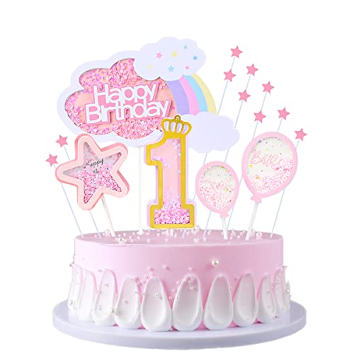 JKJF 1 Geburtstag Tortendeko Mädchen 1. Geburtstag Kuchen Topper Regenbogen Wolken Happy Birthday Kuchendeko Sterne Luftballon Cake Toppers für Baby Kinder Geburtstag - Rosa von JKJF