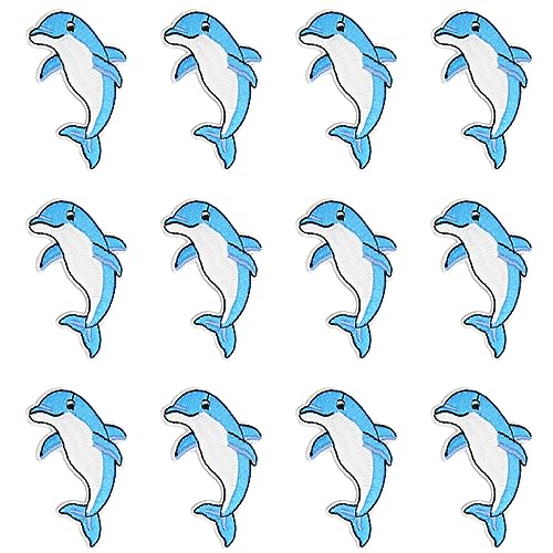 JKJF 12 Stück Delphin Patches Delfin Aufbügeln Bügelbild Dolphin Aufnäher Applikation Meerestiere Stickerei Patches für Kleidung Rucksack Schuhe Jacke Jeans Hut Kleid von JKJF