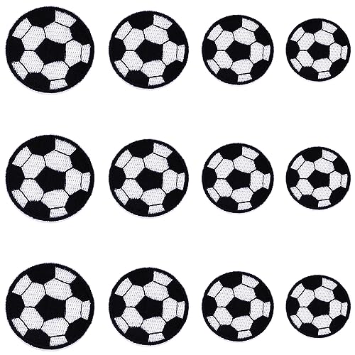 JKJF 12 Stück Fußball Patches Fussball Aufbügeln Bügelbild Fußball Aufnäher Applikation Sport Stickerei Patches für Kleidung Rucksack Schuhe Jacke Jeans Hut Kleid- 4 Größen von JKJF