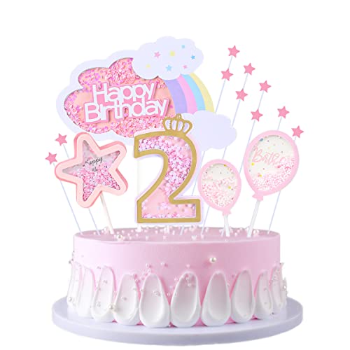 JKJF 2 Geburtstag Tortendeko Mädchen 2. Geburtstag Kuchen Topper Regenbogen Wolken Happy Birthday Kuchendeko Sterne Luftballon Cake Toppers für Baby Kinder Geburtstag - Rosa von JKJF