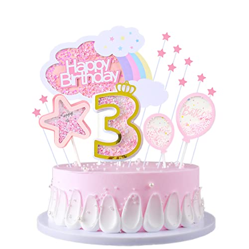 JKJF 3 Geburtstag Tortendeko Mädchen 3. Geburtstag Kuchen Topper Regenbogen Wolken Happy Birthday Kuchendeko Sterne Luftballon Cake Toppers für Kinder Geburtstag - Rosa von JKJF