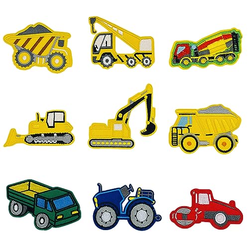 JKJF 9 Stück Baufahrzeug Patches Bagger Aufbügeln Bügelbild Baustellefahrzeuge Aufnäher Applikation Traktor Stickerei Patches für Kleidung Rucksack Schuhe Jacke Jeans Hut Kleid von JKJF