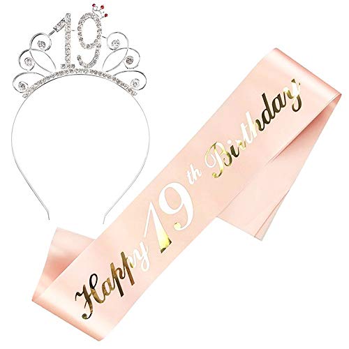 JKJF Happy 19. Geburtstag Sch?rpe 19 Geburtstag Kristall Tiara Strass Krone Haarreif f¨¹r Damen Frauen Geburtstag Geschenk Geburtstag Dekoration Party Zubeh?r - Rose Gold 2 STK von JKJF