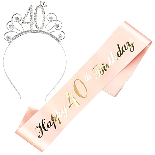 JKJF Happy 40. Geburtstag Schärpe 40 Geburtstag Kristall Tiara Strass Krone Haarreif für Damen Frauen Geburtstag Geschenk Geburtstag Dekoration Party Zubehör - Rose Gold 2 STK von JKJF