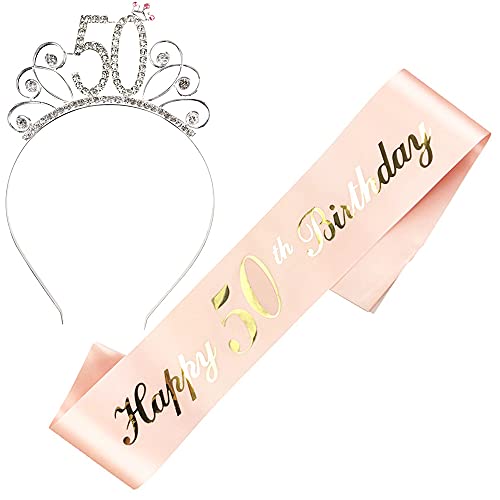 JKJF Happy 50. Geburtstag Schärpe 50 Geburtstag Kristall Tiara Strass Krone Haarreif für Damen Frauen Geburtstag Geschenk Geburtstag Dekoration Party Zubehör - Rose Gold 2 STK von JKJF