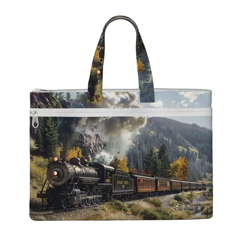 Bedruckte Dokumententasche mit Dampflokomotiven-Zug, Lehrer, Leinen, für Arbeit, lässige Handtasche für Büro, Schule, Reisen, Strand Bedruckte Dokumententasche mit Dampflokomotiven-Zug, Lehrer, Leinen, für Arbeit, lässige Handtasche für Büro, Schule, Reisen, Strand von JKLQWC