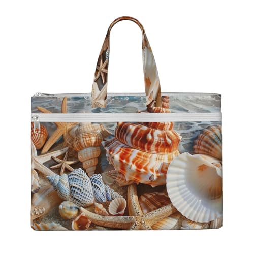 Bedruckte Dokumententasche mit Muschellandschaft am Strand, Lehrer-Leinwand, für Arbeit, lässige Handtasche für Büro, Schule, Reisen, Strand von JKLQWC