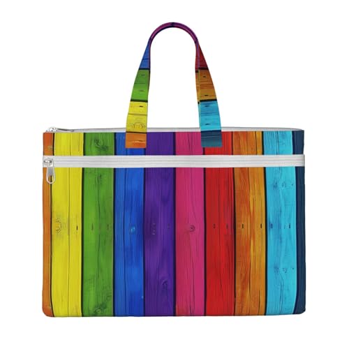 Dokumententasche mit Holzhintergrund in Regenbogenfarben, bedruckt, für Lehrer, Leinwand, für Arbeit, lässige Handtasche für Büro, Schule, Reisen, Strand von JKLQWC