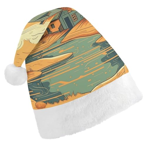 JKLQWH Weihnachtsmütze, Weihnachtsmütze, Partyhut mit Fluss vor dem Haus, Weihnachtsmannmütze für Erwachsene, Uni, klassische Nikolausmütze, extra dick, Weihnachtsmütze, Wintermütze, Neujahr, von JKLQWH