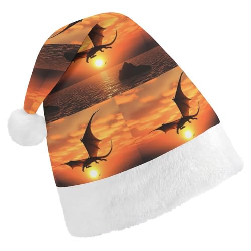 JKLQWH Weihnachtsmütze, Weihnachtsmütze, Partyhut mit Sonnenuntergang, fliegender Drache, Weihnachtsmannmütze für Erwachsene, Uni, klassische Weihnachtsmannmütze, extra dick, Weihnachtsmütze, von JKLQWH