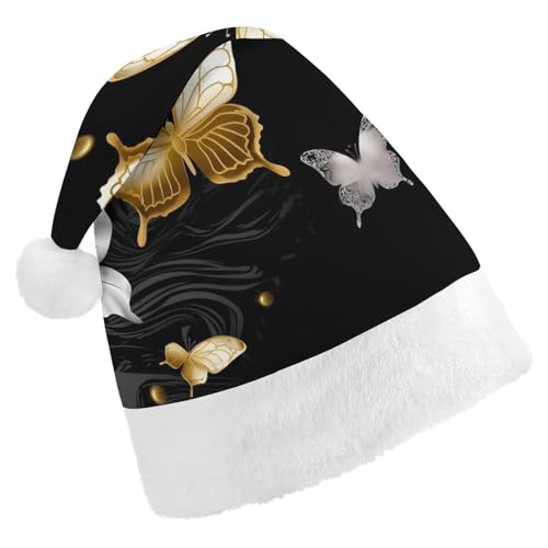 JKLQWH Weihnachtsmütze, Weihnachtsmütze, Partyhut mit goldfarbenen, weißen Schmetterlingen, schwarzer Weihnachtsmannhut für Erwachsene, Uni, klassische Weihnachtsmannmütze, extra dick, JKLQWH Weihnachtsmütze, Weihnachtsmütze, Partyhut mit goldfarbenen, weißen Schmetterlingen, schwarzer Weihnachtsmannhut für Erwachsene, Uni, klassische Weihnachtsmannmütze, extra dick, von JKLQWH