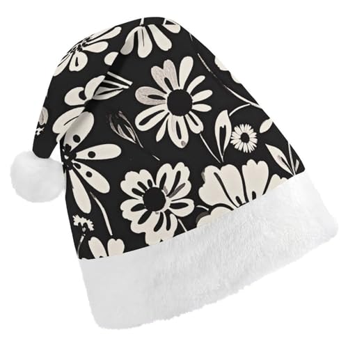 JKLQWH Weihnachtsmütze, Weihnachtsmütze, Partyhut mit schwarz-weißem Blumendruck, Weihnachtsmannmütze für Erwachsene, Uni, klassische Weihnachtsmannmütze, extra dick, Weihnachtsmütze, Wintermütze, von JKLQWH