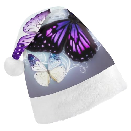JKLQWH Weihnachtsmütze, Weihnachtsmütze, Partyhut mit weißen, violetten Schmetterlingen, Weihnachtsmannmütze für Erwachsene, Uni, klassische Weihnachtsmannmütze, extra dick, Weihnachtsmütze, von JKLQWH