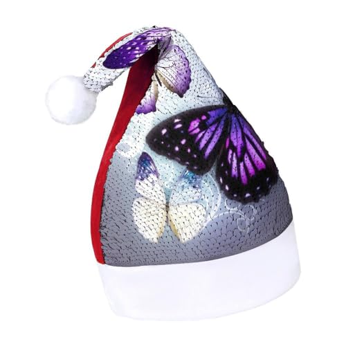 JKLQWH Weihnachtsmütze mit Pailletten, mit weiß-violetten Schmetterlingen, lustige Weihnachtsmütze, Weihnachtsgeschenke für Damen und Herren, Anzug für Familie, Weihnachten, Silvester, Festival, JKLQWH Weihnachtsmütze mit Pailletten, mit weiß-violetten Schmetterlingen, lustige Weihnachtsmütze, Weihnachtsgeschenke für Damen und Herren, Anzug für Familie, Weihnachten, Silvester, Festival, von JKLQWH