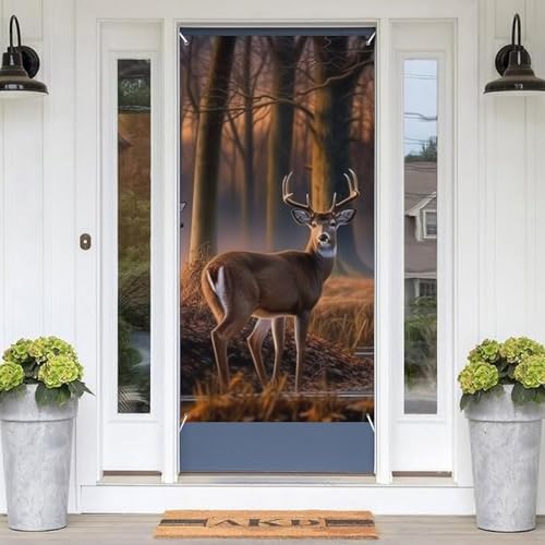 Türabdeckung, Dekoration, Veranda, hängende Banner, Natur, Wildtiere, Hirsche, Willkommens-Türbanner, Fotografie-Hintergrund, Weihnachtshintergrund, Banner für Urlaub, Party, Garten, Rasen von JKLQWH