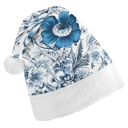 Weihnachtsmütze, Weihnachtsmütze, Partyhut mit blauem und weißem Blumenmuster, Weihnachtsmannmütze für Erwachsene, Uni, klassische Weihnachtsmannmütze, extra dick, Weihnachtsmütze, Wintermütze, von JKLQWH