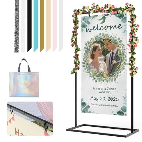 Hochzeitsschild-Halter, Metall-Staffelei-Ständer für Schilder mit 8 Paar Satinband und 2 Paar Lederschilderbändern, Blumenranke, 144 x 78 x 38 cm, Aufschrift "Welcome to Our Wedding Sign Stand", Hochzeitsschild-Halter, Metall-Staffelei-Ständer für Schilder mit 8 Paar Satinband und 2 Paar Lederschilderbändern, Blumenranke, 144 x 78 x 38 cm, Aufschrift "Welcome to Our Wedding Sign Stand", von JKLUMI