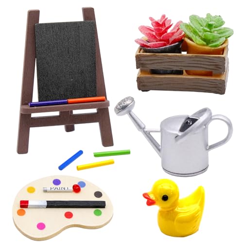 Miniatur Wichtel Zubehör Weihnachten，Mal Kunst Set Puppenhaus Zubehör Miniatur Deko, DIY Staffelei Wichtel Zubehör Set, Kleine Ente Topfpflanze Gießkanne von JLNGTHONG