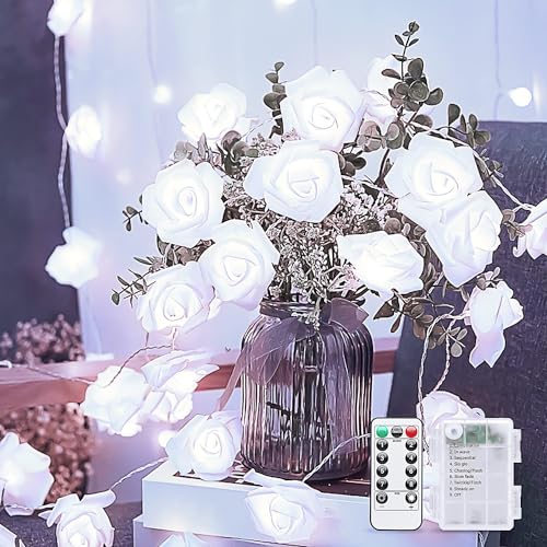 JMEXSUSS Weiße Rosenlichter, 5 m, 30 LED-Lichterkette mit 8 Modi, batteriebetrieben, für den Innenbereich, für Weihnachten, Schlafzimmer, Hochzeit, Valentinstag, Dekorationen von JMEXSUSS