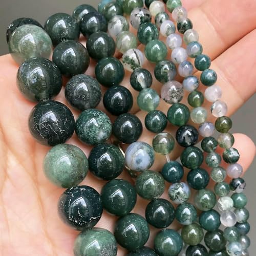 Naturstein-Perlen aus dunkelblauem Chalcedon und Jade, rund, lose Abstandsperlen zur Schmuckherstellung, 4/6/8/10/12 mm, handgefertigte Armbänder zum Selbermachen – Moosachat – 6 mm (ca. 62 Stück) von JMGDJ