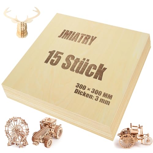 JMIATRY 15 Stück Sperrholzplatte 3mm, Lindenholz 300 * 300 * 3mm, Holzplatten zum Basteln, Holzplatte für DIY, Modell, Malen, Gravieren… von JMIATRY
