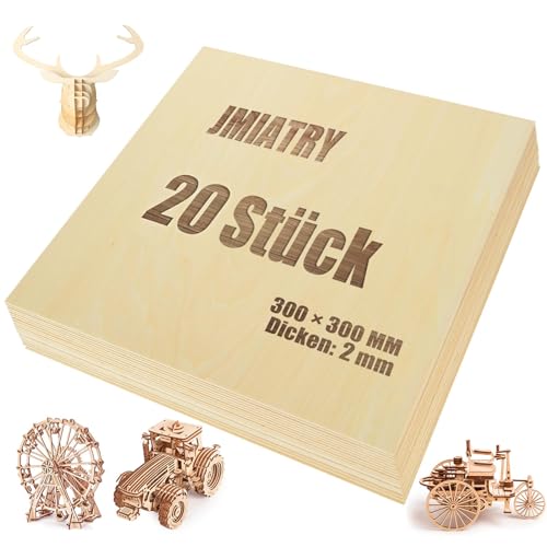 JMIATRY 20 Stück Sperrholzplatte 2mm, Lindenholz 300 * 300 * 2mm, Holzplatten zum Basteln, Holzplatte für DIY, Modell, Malen, Gravieren von JMIATRY