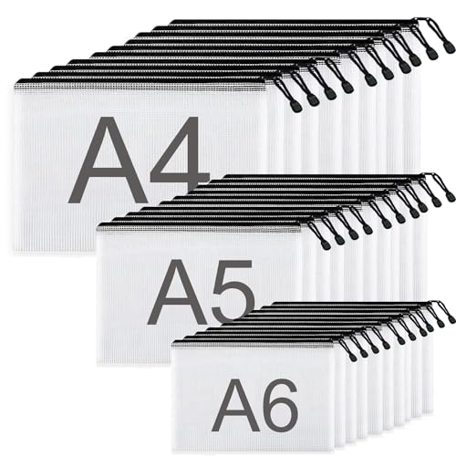 JMIATRY 30 Stück Dokumententasche mit Reißverschluss A4+A5+A6, Beutel mit Reißverschluss, Wasserdichte Dokumententasche für Datei, Papier, Dokumente, Kosmetika von JMIATRY
