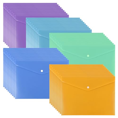 JMIATRY 60 Stück Dokumententasche A4, A4 Dokumentenmappe 5 Farben, Dokumententaschen A4 mit Druckknopf für Dokumente Organisieren von JMIATRY