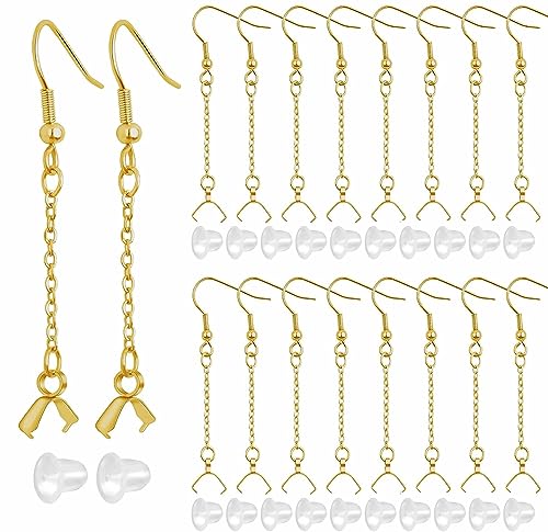 JMKTOOL 20 Stück goldene Edelstahl-Ohrringhaken mit Perlenketten und Klemmbügel-Verschlüssen, 20 Stück transparente Ohrring-Verschlüsse für Bastelarbeiten, Schmuckherstellung von JMKTOOL