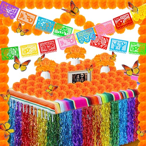 96-teiliges Tag-der-Toten-Dekorationsset, 18 mexikanische Party-Banner, Papel Picado, 2 Ringelblumen-Girlande, 50 Ringelblumenblumen, Tischrock, Tischläufer, 24 Schmetterlinge für Dia De Los Muertos von JMUQ