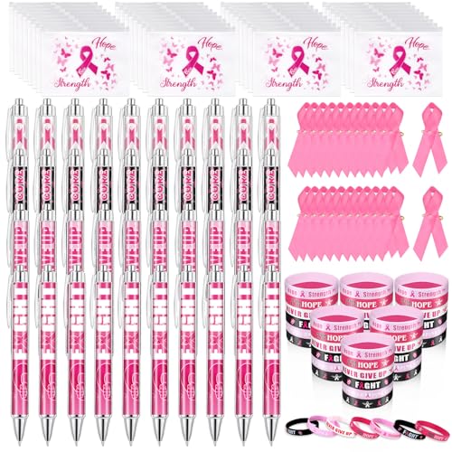 JMUQ 160 Stück Brustkrebs-Bewusstseinszubehör, 40 Brustkrebs-Armbänder, 40 rosa Bandnadeln, 40 Band-Kugelschreiber für Frauen, Wohltätigkeitsorganisationen, öffentliche Veranstaltungen von JMUQ
