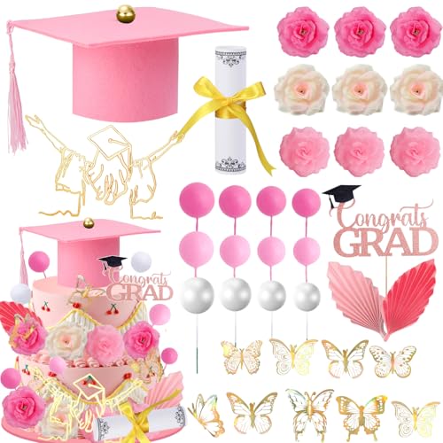 Tortenaufsätze zum Schulabschluss mit Filzkappe, Papierdiplom, Congrats, Cupcake-Topper, Blumen, Kuchendekorationen für Abschlussfeier 2025, Partyzubehör (Rosa) von JMUQ