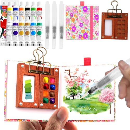 Mini Aquarell Travel Set, Pocket Aquarell Set, Aquarellfarben Farbkasten 12 Farbe & Mini Holz Malpalette & Skizzenbuch & 3 Stück Wasserpinsel Stifte für Maler Künstler Studenten Hobbymaler (Rosa) Mini Aquarell Travel Set, Pocket Aquarell Set, Aquarellfarben Farbkasten 12 Farbe & Mini Holz Malpalette & Skizzenbuch & 3 Stück Wasserpinsel Stifte für Maler Künstler Studenten Hobbymaler (Rosa) von JMXAXDS