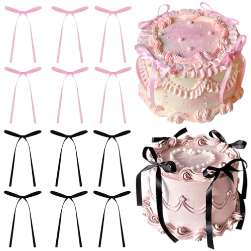 JNEYVIC 40 Stück Tortendeko Schleife Klein Schleifen Kuchen Deko Rosa/Schwarz Torten Deko Bogen Tortenschleifen Schleifenband Torte Tortenaufleger Schleife für Geburtstag Babyparty Hochzeit Jahrestag von JNEYVIC
