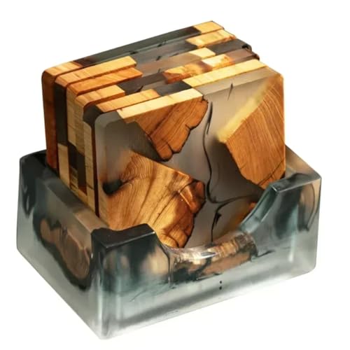 JNJOOD Set aus Untersetzern aus Holz mit Epoxidharz - Moderne Untersetzer mit Getränkehalter, inklusive 6 Untersetzern und Ständer von JNJOOD