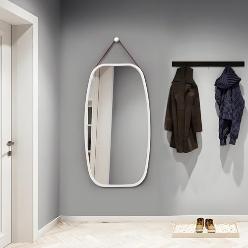 JNTFNE Rechteckiger Wandspiegel mit verstellbarem Lederband, Bambusrahmen, Ganzkörperspiegel für Wohnzimmer, Ankleidezimmer (weiß, 43 cm x 74 cm) von JNTFNE
