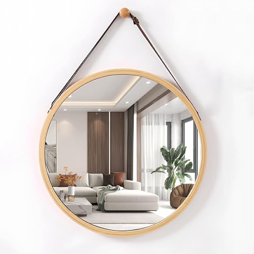Kleiner runder Wandspiegel, Kosmetikspiegel mit Bambusrahmen und verstellbarem Lederband zum Aufhängen, für die Wanddekoration zu Hause, Badezimmer, Wohnzimmer, Schlafzimmer, Eingangsbereich (Holzfarb Kleiner runder Wandspiegel, Kosmetikspiegel mit Bambusrahmen und verstellbarem Lederband zum Aufhängen, für die Wanddekoration zu Hause, Badezimmer, Wohnzimmer, Schlafzimmer, Eingangsbereich (Holzfarb von JNTFNE