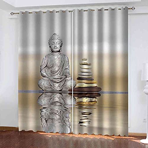 JNWVU 3D Vorhänge Blickdicht Gardinen 214X230Cm (BxH) Buddha Kunst Vorhänge Kinderzimmer Wohnzimmer Thermo Gardinen Für Raum Verdunkeln Ösenvorhang. 2Er/Set Verdunklungsgardine von JNWVU