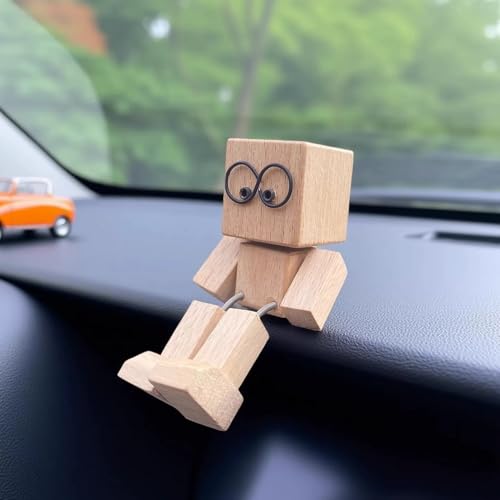 Wackelnder Holzfigur Männchen, Handgefertigter Auto Armaturenbrett-Dekor mit magnetischen Gesichtsausdrücken, tragbare bewegungsaktivierte Holzfigur, lustiger Wackelkopf Schreibtischschmuck (A-1) von JOAAZAR