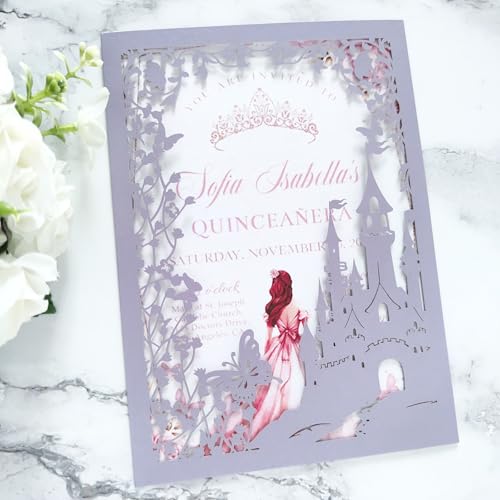 JOACHUUY Quinceanera-Einladungen mit Umschlägen, Prinzessinnen-Einladungen, lasergeschnittene Quitteneinladungen, Violett, 20 Stück JOACHUUY Quinceanera-Einladungen mit Umschlägen, Prinzessinnen-Einladungen, lasergeschnittene Quitteneinladungen, Violett, 20 Stück von JOACHUUY