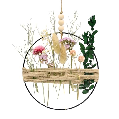 JOCXZI Dekorative Kränze,Metallgirlande aus getrockneten Blumen und Juteseil, Wohnzimmer-Wandtürdekoration, Metallring mit Traumfänger (20 x 25 cm) von JOCXZI