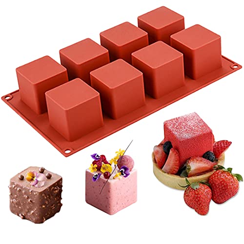 JOERSH Quadratische 3D-Silikonform | 5,1 x 5,1 x 5,1 cm quadratische Mousse-Kuchenbackform Dessertformen für Käsekuchen/Gelee/Brownie/Seife/Kerze (8 Mulden) von JOERSH