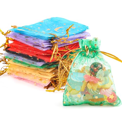 JOFONY Organzasäckchen,100 Stück Organzabeutel,Farbmischung Schmuckbeutel mit Kordelzug,Organza Geschenkbeutel für Festival Party Hochzeit Geschenk(7x9cm) von JOFONY