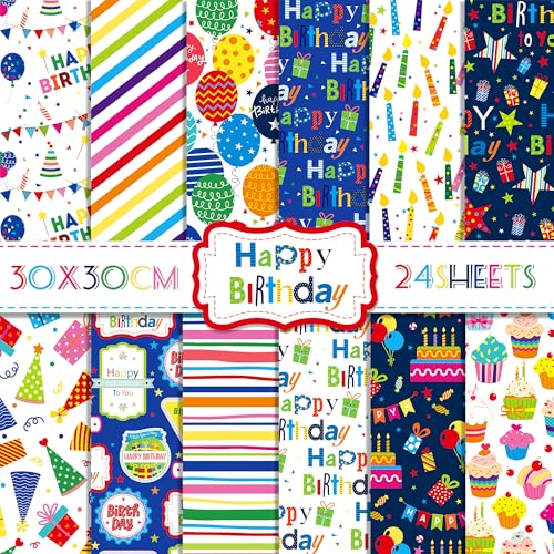 24 Stück Happy Birthday doppelseitiges Scrapbook-Papierblock, buntes Dekorpapier für Kartenherstellung, Kunstalbum, Basteln, DIY von JOINFANXIN