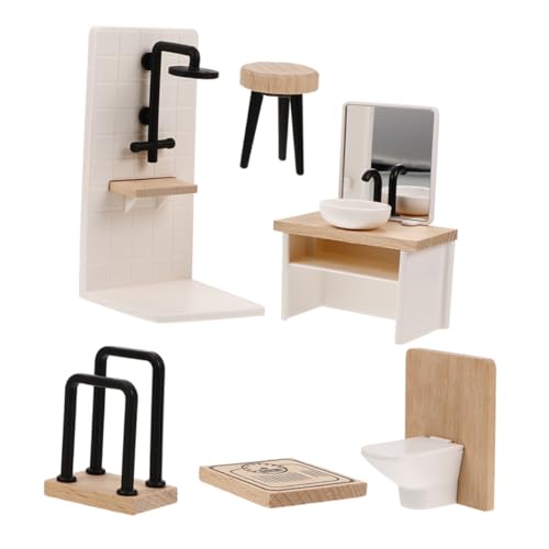 JOINPAYA Realistische Mini Puppenhaus Badezimmer Möbel Set Waschbecken Dusche Toilette Kommode Holz Miniatur von JOINPAYA