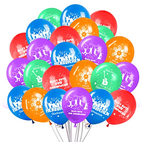 JOJOR 30pcs Jugendweihe Ballons Set, Multicolored, Bunt Latexballons mit Schleife, Endlich Erwachsen Dekorationen für Teenager, Unisex-Jugendliche von JOJOR